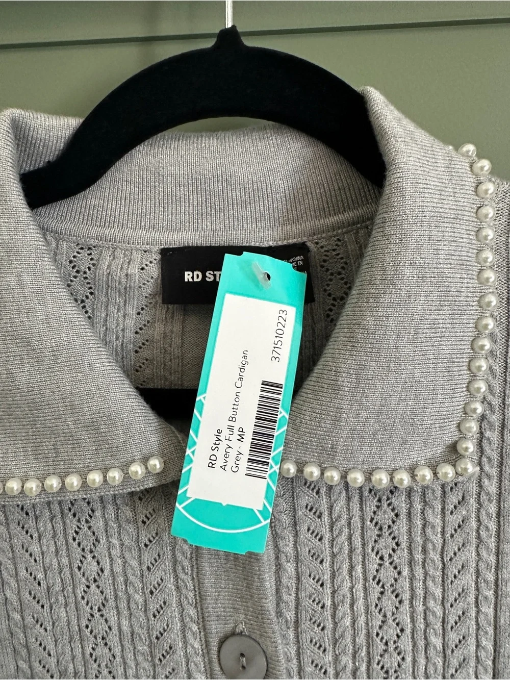RD Style Avery Light Gray Pearl-Trim Cable Cardigan